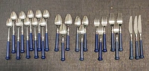 25 Pieces Oxford Hall Stainless Steel BLUE Plastic Handle Flatware Utensil Vtg - Picture 1 of 9