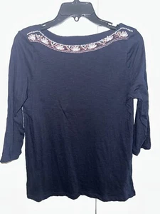 Women's ANN TAYLOR LOFT 3/4 Sl. Navy Boat Neck Top & Multi-Color Embroidery SZ M - Picture 1 of 8