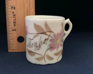 Think Of Me Porcelain Miniature Mug Cup Antique Hand Painted Daisy Gold Print - Picture 1 of 10