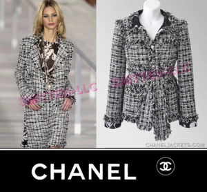 $5,950 CHANEL Black & White Fringed Belted Tweed JACKET * FR 44 / US 10 * MINT - Picture 1 of 14