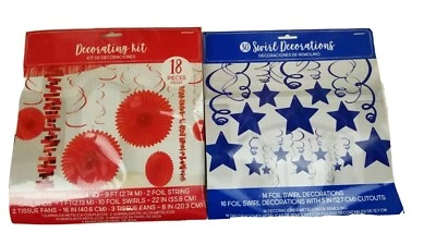 Royal Blue Star Hanging Swirl Decorations & Red Decorating Kit Fans Garland lot - Image 1 of 4
