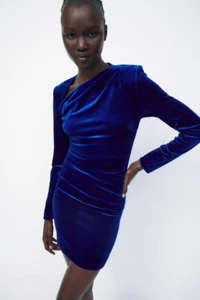 Zara Women's Blue VELVET Asymmetric MINI Dress - SMALL - NEW NWT 2731/308 - Picture 1 of 1