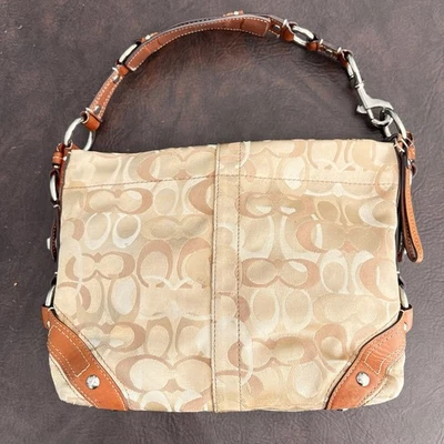 Coach F13980 Beige Carly Optic Signature Handbag w/Leather Strap & Trim READ - Image 1 of 4