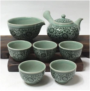 Korea Traditional Hand-made Celadon Black Inlay Silk Teapot, Sookwoo, 5 Cups Set - Picture 1 of 7