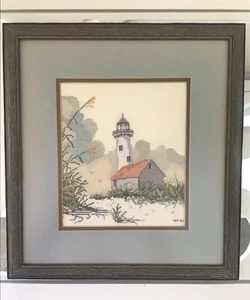 Vintage Bucilla fertiger Kreuzstich "Leuchtturm Einsamkeit" Wandbild mit Holzrahmen. - Bild 1 von 8