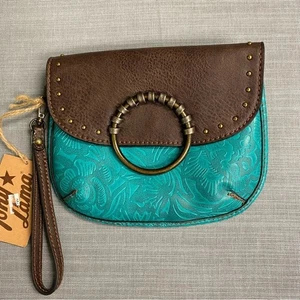 Brown and Teal Clutch Bag Tony Lama western country wristlet - Picture 1 of 12