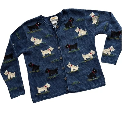 Talbots Hand Knit Scottie Dog Cardigan Blue Women’s Size P PETITE PP Sweater - Image 1 of 4