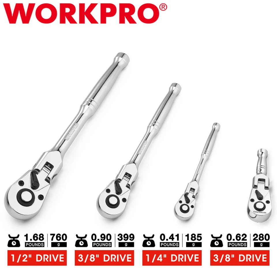 WORKPRO 1/4" 3/8" 1/2" Drive Flex Head Ratchet Set 72-Tooth Ratchet 180°Flexible - Image 1 of 4