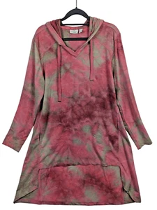 LOGO Lounge by Lori Goldstein Tie Dye V Neck Hoodie Hi Low Hem Pink Cozy Leisure - Picture 1 of 13
