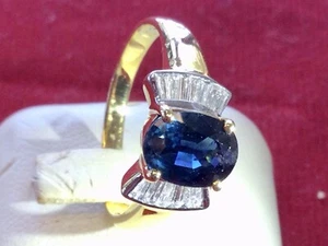 Anello donna oro 18 kt zaffiro blu diamanti fatto a mano vintage oro fine - Foto 1 di 15