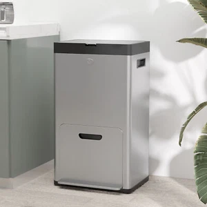 3 Compartment Kitchen Bin, Stainless Steel Pedal Bin for Recycling and Waste - Picture 1 of 11
