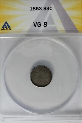 1853 .03 ANACS  VG 8  STAR AND SHIELD three cent (3c) piece, Trime - Image 1 of 2