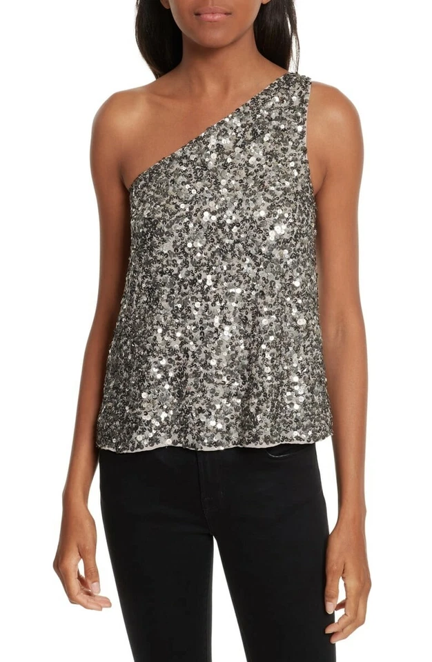 JOIE Hedra One Shoulder Sequin Top Vintage Silver Small