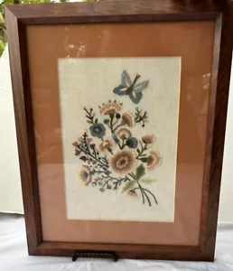 Vintage Crewel Art Wood Framed Matted Floral Bouquet Flowers 13" x 16" - Picture 1 of 5