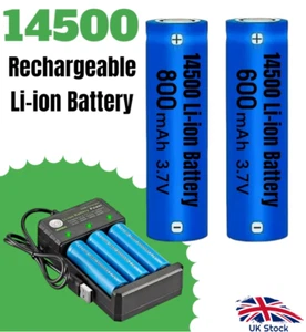 3,7V 14500 Lithium Zellen Akku 800mAh Wiederaufladbar (+ LED Gerät) Neu FLACH TOP - Bild 1 von 16