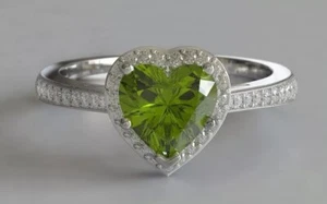 2.23Ct Heart Cut Natural Green Peridot 18k White Gold Plated 925 Engagement Ring - Picture 1 of 4