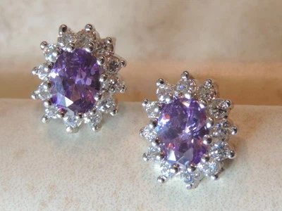 Pendientes Ovalados Púrpura Amatista Topacio Blanco Oro Blanco Talón 12mm x 14mm 18kgp Foto 1 de 4