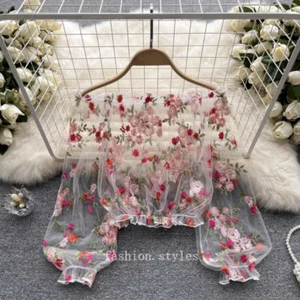 Schulterfreie transparente Damenbluse Netz Oberteil Stickerei Blumen Puffärmel Rüschen - Bild 1 von 18