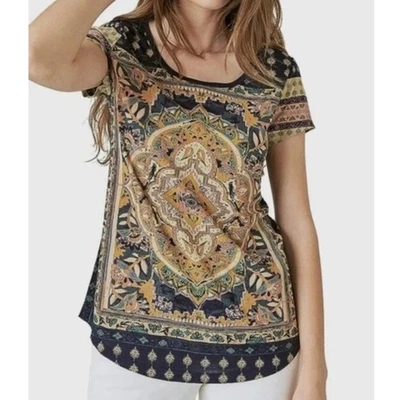 Lucky Brand Short Sleeve Tee T-Shirt 2X Blue Boho Scoop Neck Medallion Print - Image 1 of 4