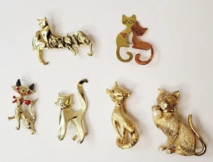 Menge 6 goldfarbene Vintage Katze Broschen-Anstecknadeln 2" durchschnittliche Größe  - Bild 1 von 18
