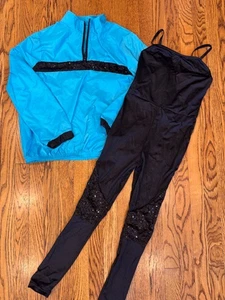 Weissman EL820C Tidal Wave Blue Windbreaker Black Sequin Unitard Costume 8-11 yr - Picture 1 of 8