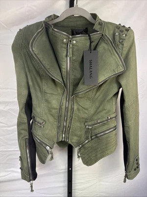 Chaqueta Denim Shalang Ajustada Verde Oliva ÚNICA Tachonada Punk Rock Ejército Motocicleta Foto 1 de 4