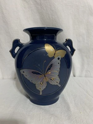 Fine China Vase Blue Butterfly Double Handles Gold Tone Trim Japan Vtg - Image 1 of 4
