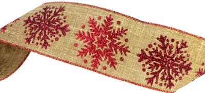 Large Red Glittered Snowflakes 2.5" by 5 yd Natural Wire Ribbon Christmas Winter - Image 1 of 4