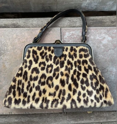 Bolso de mano vintage de piel sintética de leopardo años 60 70 Cartera Rockabilly Old Hollywood Regency Foto 1 de 4