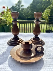 Lot 3 Vintage Turned Wood Candlesticks 7.75, 3.5 Tall Farmhouse Country Decor - Picture 1 of 11