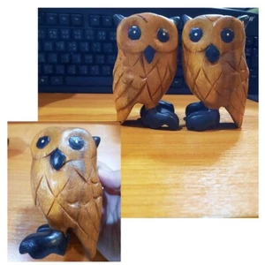 Owl Carved Hand Vintage Figurine Teak Wood Wooden Art Sculpture Thai Statue 2X - Picture 1 of 12
