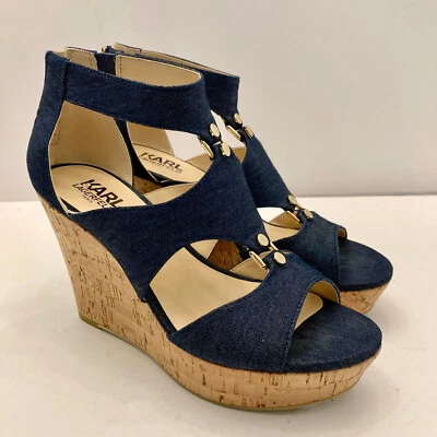 Sandalias Karl Lagerfield Savoie plataforma tacón cuña azul denim corcho para mujer 7 Foto 1 de 4