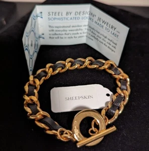 Steel By Design Bracelet Gold Toned With Woven Black Sheepskin Leather - Picture 1 of 18