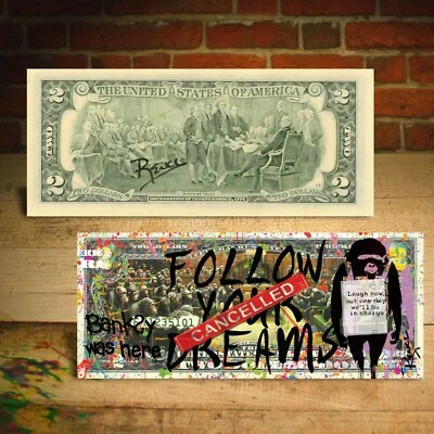 BANKSY WAS HERE Devolved UK Parliament Genuine $2 U.S. Bill HAND-SIGNED by Rency - Image 1 of 3