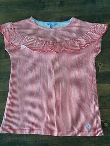 Size 9 10 Joules Red Striped Short Sleeve Shirt Ruffle Neck VGUC - Picture 1 of 2