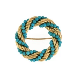 Vintage Turquoise Bead 18k Yellow Gold Rope Twisted Wreath Pin LIQUIDATION! - Picture 1 of 4
