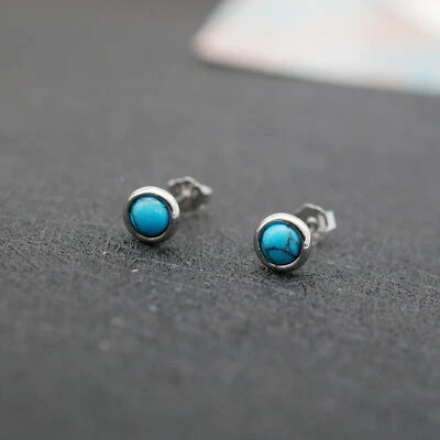 925 Sterling Silber Lünette Runde Imitation Türkis Helix Ohrstecker A4490 - Bild 1 von 4
