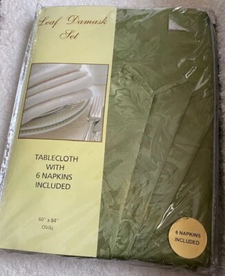 Leaf Damask Set Green Tablecloth with napkins Oval 60  X 84  - Image 1 of 4