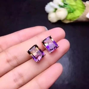 Emerald Cut Lab-Created Ametrine Solitaire Stud Earrings 14K White Gold Over - Picture 1 of 6