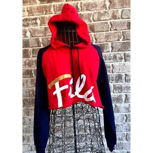NWOT Fila Cropped Hoodie Sz L Red Navy Drawstring Logo Fleece Lined Sweatshirt - Picture 1 of 12