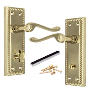 Georgian Door Handles Bathroom WC Toilet Door Handles, Pair Brass 150mm x 48mm - Picture 1 of 9
