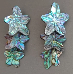 Abalone Paua Shell STARFISH Earrings 3 Layers Carved Sea Star Blue Green 2" - Picture 1 of 7