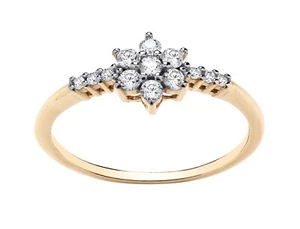 OLD ENGLISH JEWELLERS 9ct Yellow Gold on Silver Simulated Diamond Daisy Cluster Ring size J to U