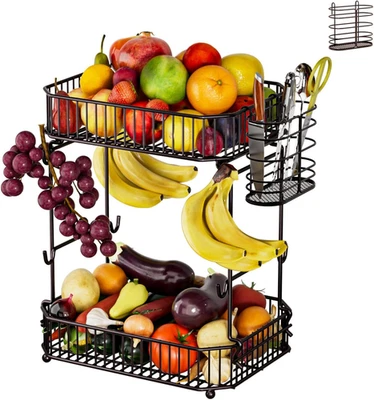 Heavy 2 Tier Fruit Basket for Kitchen Counter，With Side Storage Basket，Upgraded - Image 1 of 4