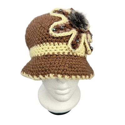 Hecho a mano Crochet Cuentas Ala Sombrero Imitación Piel Pom Grueso Hilo Forrado Boho Retro Foto 1 de 4