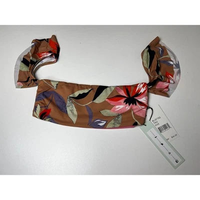 The Bikini Lab Taupe Floral Print Off Shoulder Ruffle Bikini Top XXS NWT - Image 1 of 4