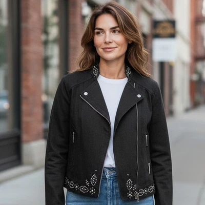 Chaqueta de mezclilla Christine Alexander para mujer con estrás tachonada negra talla M Foto 1 de 4