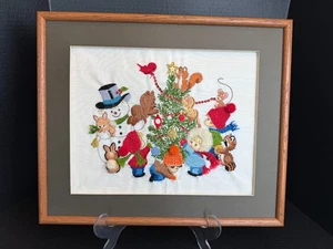 Vtg 80s Completed Crewel Embroidery "Decorating the Tree" 3d Wall Art Framed - Picture 1 of 8