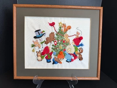 Vtg 80s Completed Crewel Embroidery "Decorating the Tree" 3d Wall Art Framed - Image 1 of 4