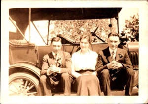 VTG Snapshot Photo Two Men and a Beautiful Woman Sitting on Convertible - Picture 1 of 1